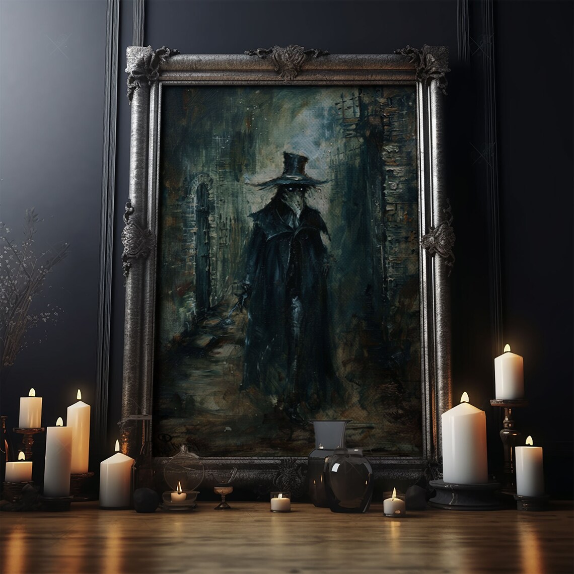 Ghostly Plague Doctor Figure In Foggy Victorian Street Art Poster - Image 5