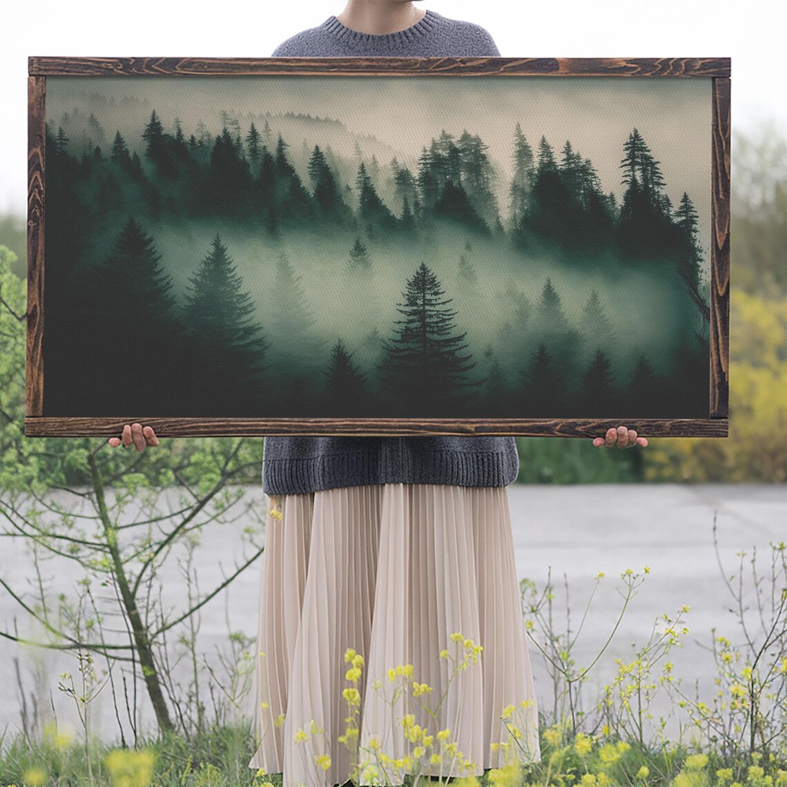 Pine Tree Forest, Misty Mountain Landscape Art Print - Image 2