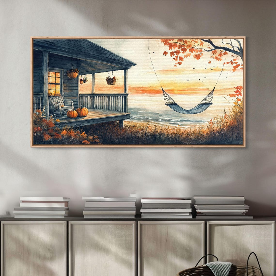 Autumn Beach Porch Pumpkins Sunset Hammock Ocean View Rustic Wall Art - Image 4