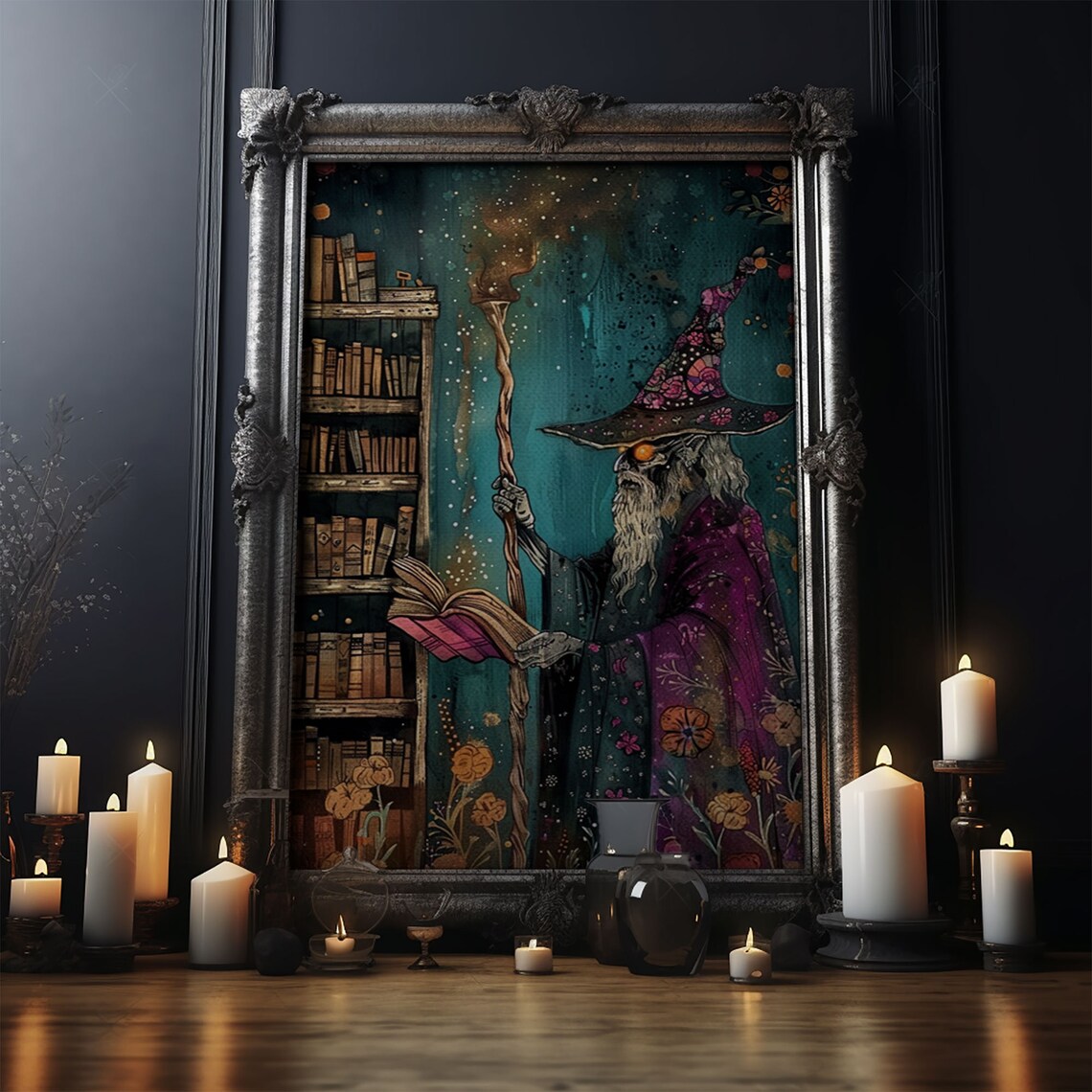 Halloween Eerie Wizard in Haunted Library, Gothic Art - Image 4