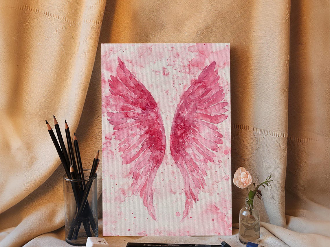 Pink Angel Wings Watercolor Soft Romantic Heavenly Art Print - Image 4