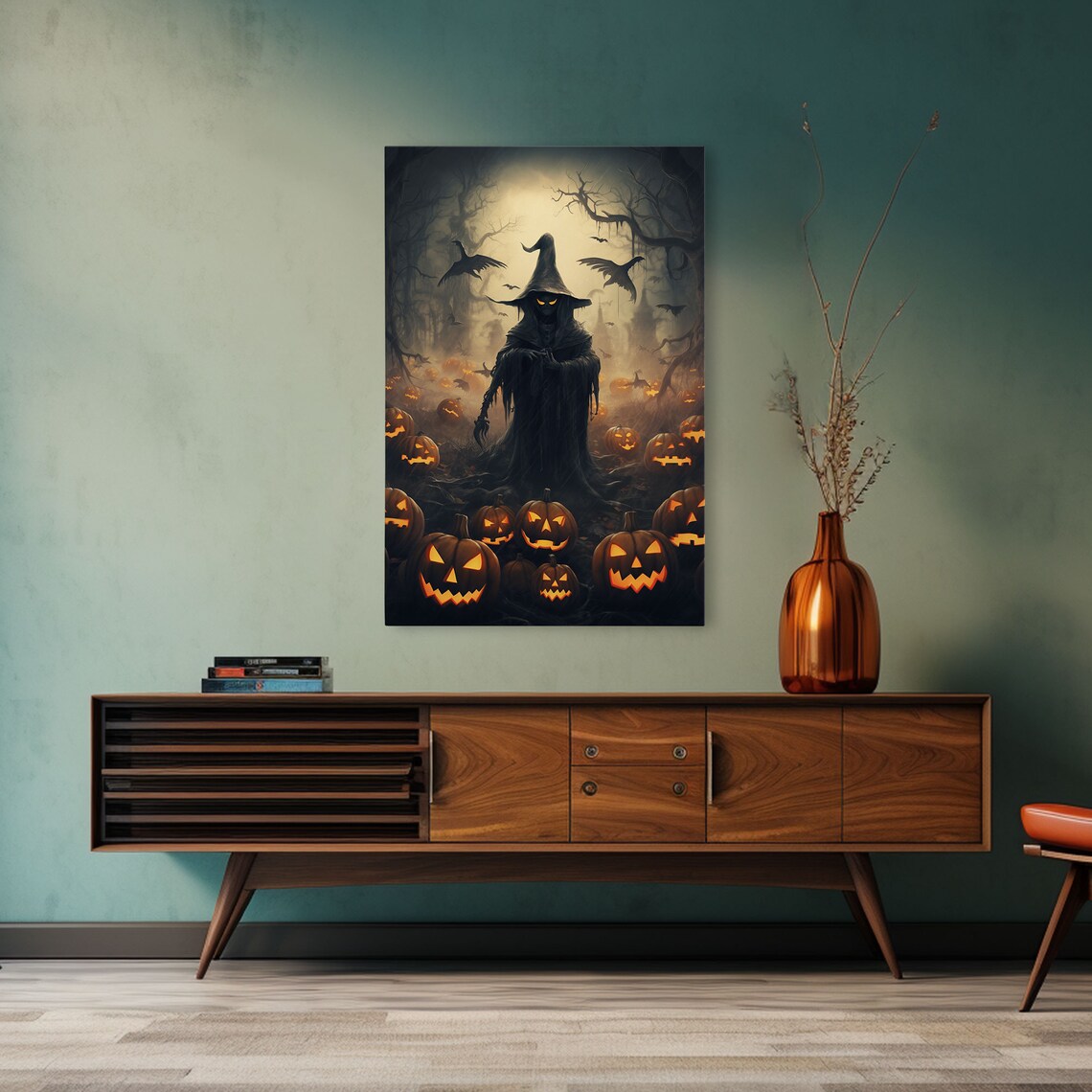 Scarecrow and Jack O'Lantern Field, Halloween Art Print