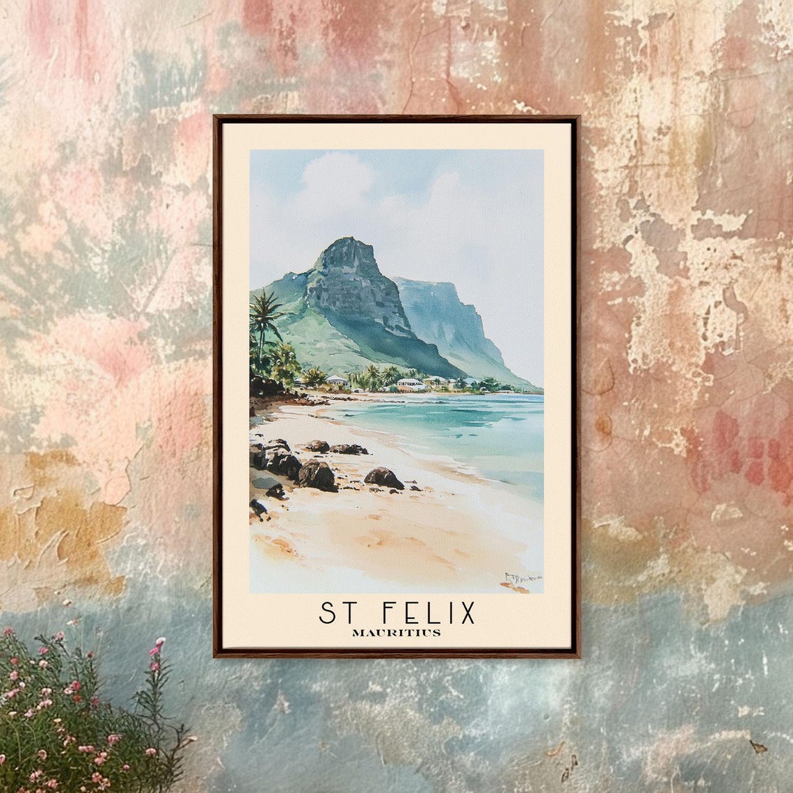 St Felix Mauritius Sandy Bay Rocky Shore Mountain View Travel Poster - Image 3