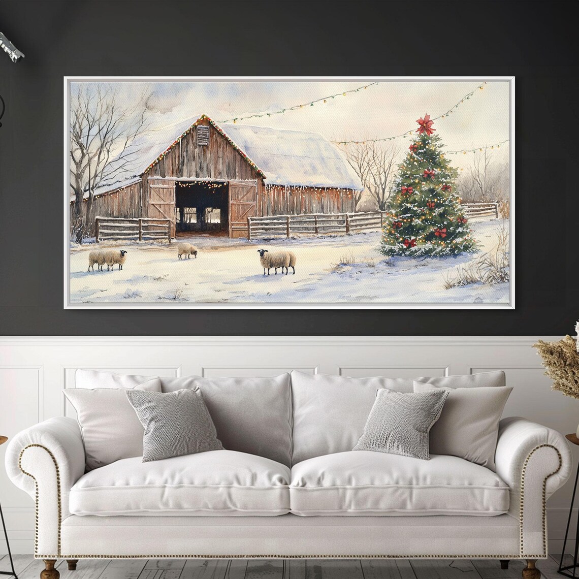 Christmas Barn and Sheep, Rustic Farmhouse Art Print - Image 2