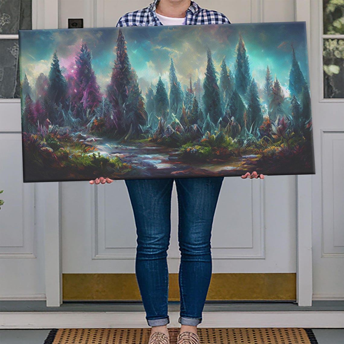 Trippy Psychedelic Forest Tall Pines Vivid Colorful Art Poster - Image 4