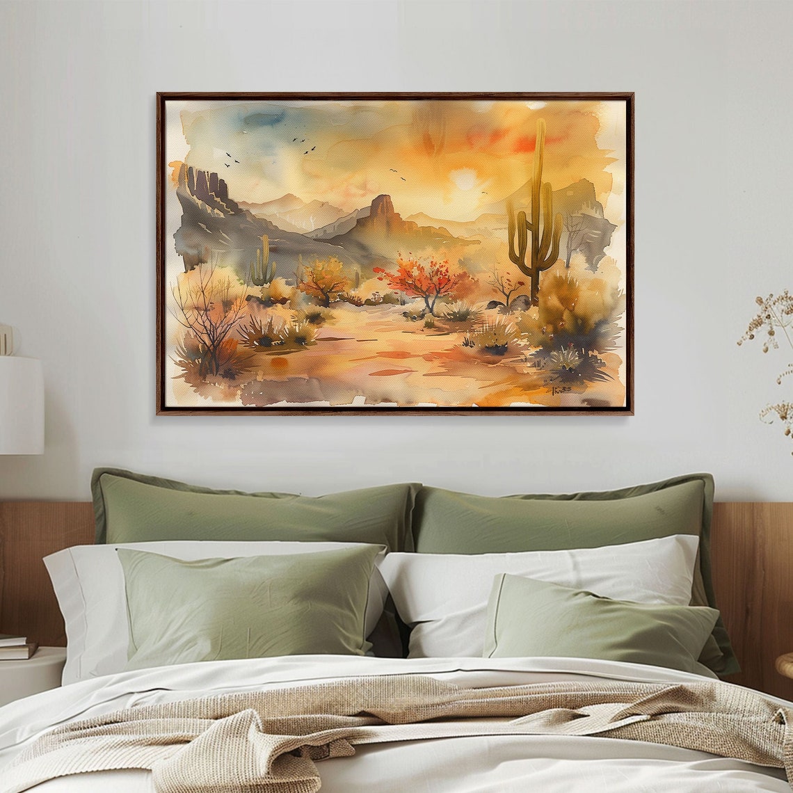 Desert Sunset Watercolor Saguaro Cactus Mesas Birds Southwest Wall Art - Image 3
