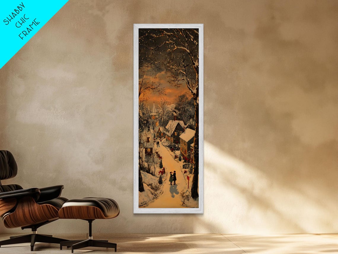 Snowy Village Street At Dusk Couple Strolling Winter Scene Poster - Image 6