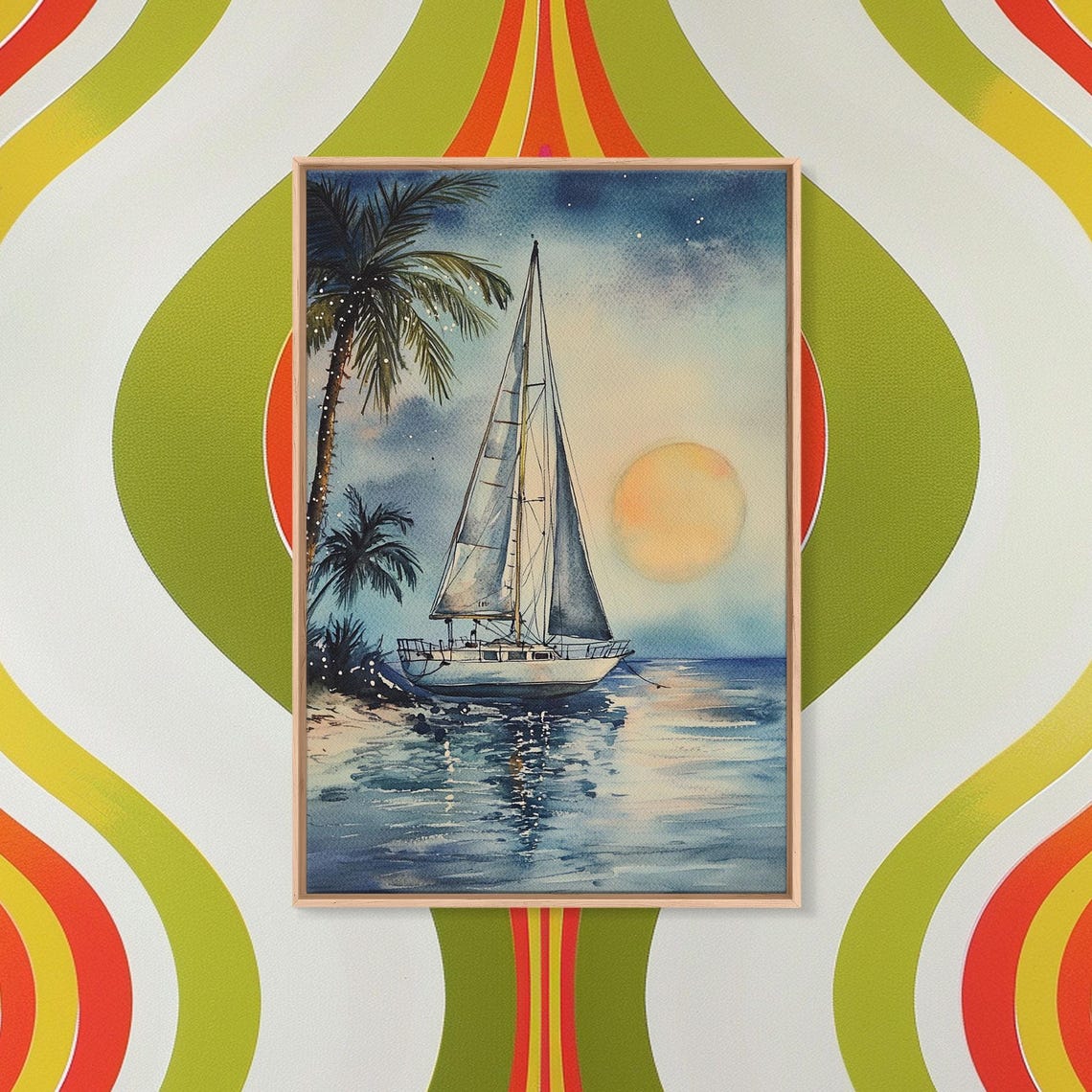 Sailboat At Tropical Beach Under Rising Moon At Night Poster - Image 2