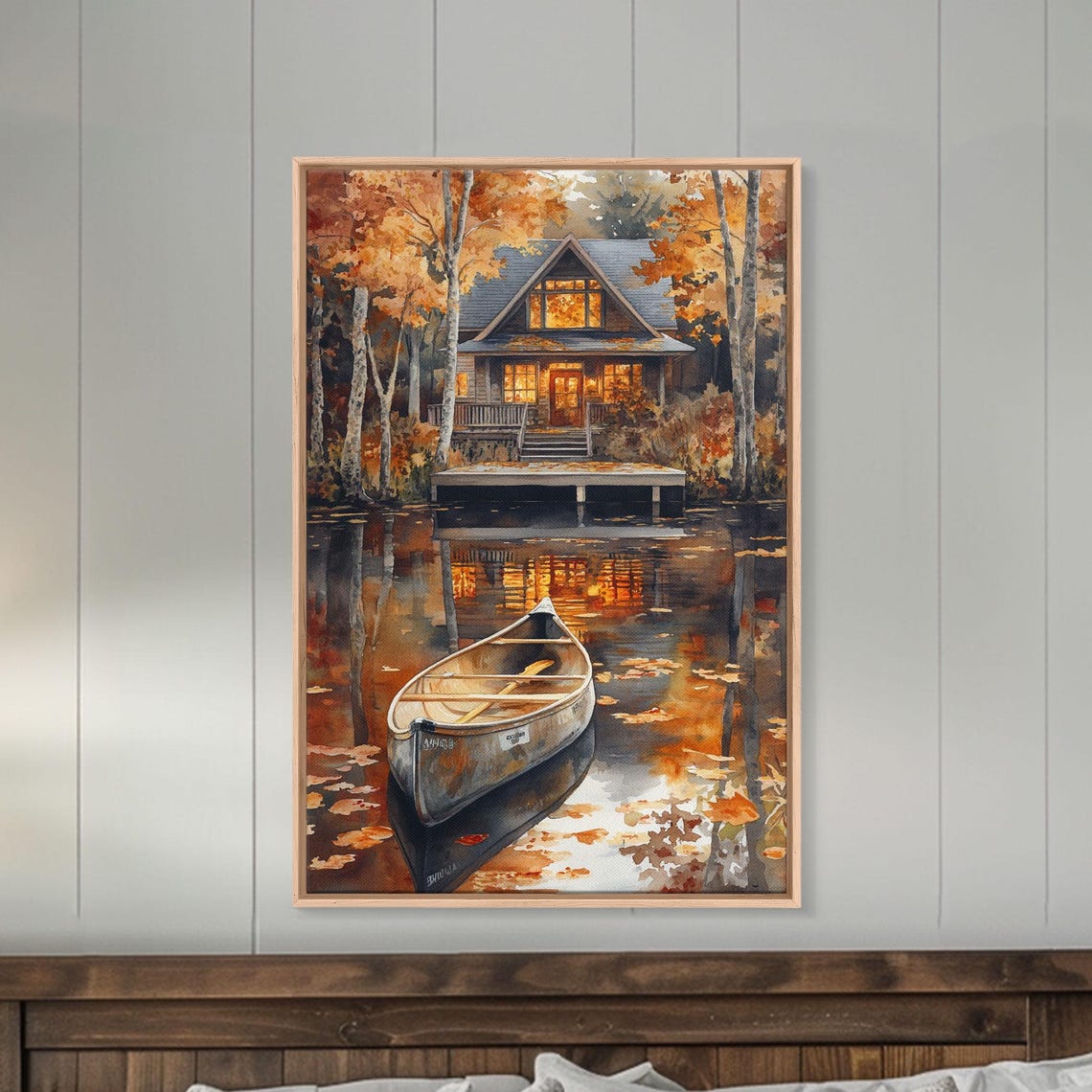 Autumn Lake House With Canoe On Water Golden Fall Reflections Poster - Image 3