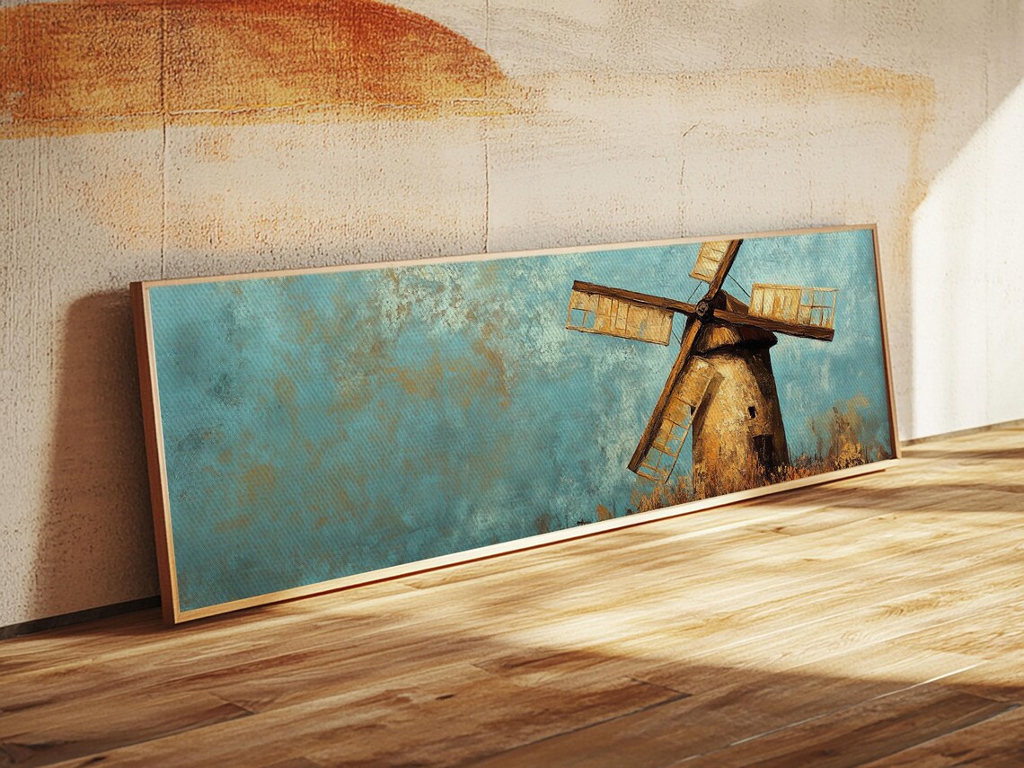 Rustic Stone Windmill Teal Sky Painterly Farmhouse Panoramic Landscape Poster - Image 6