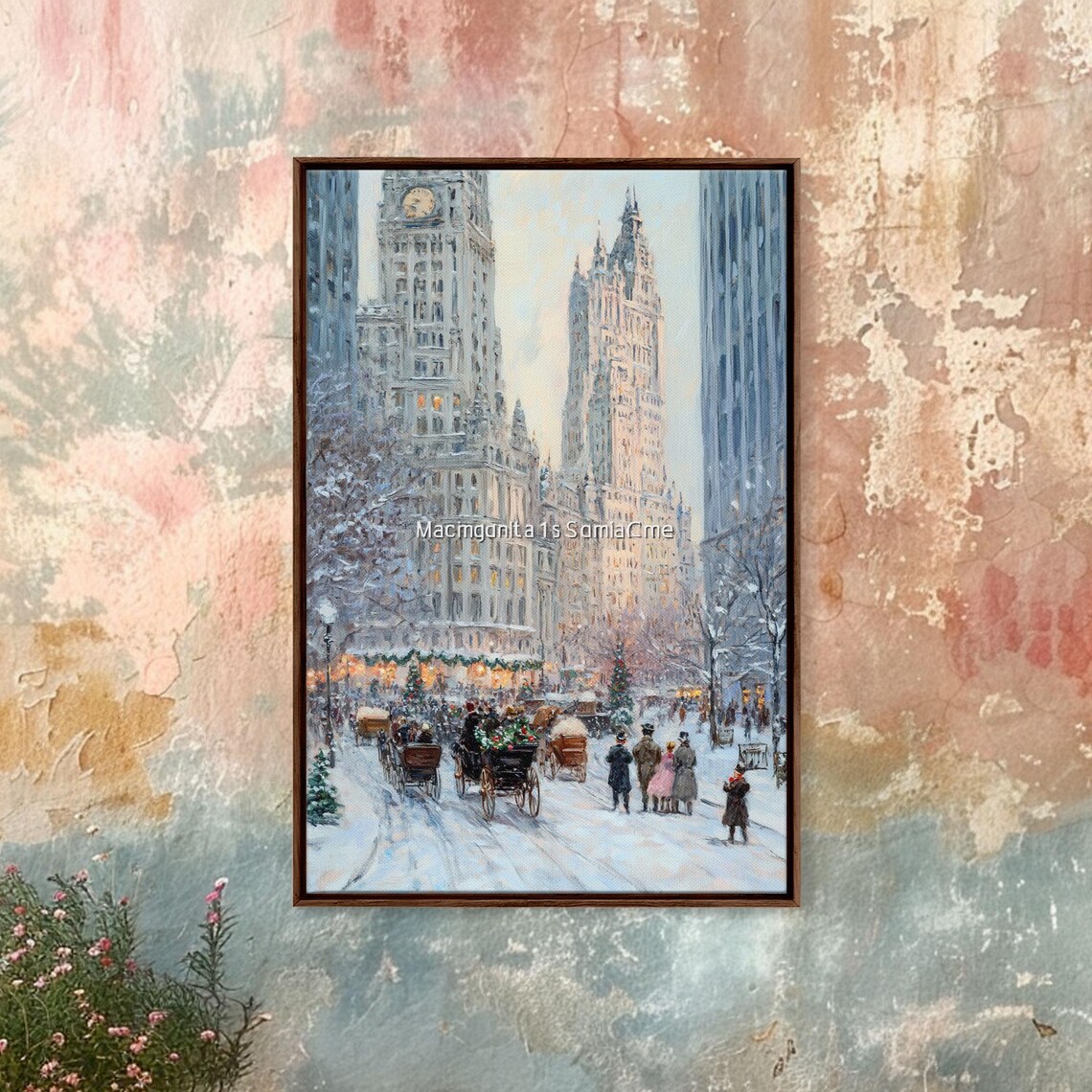 Historic City Street Snowy Horse Carriages At Christmas Night Poster - Image 3
