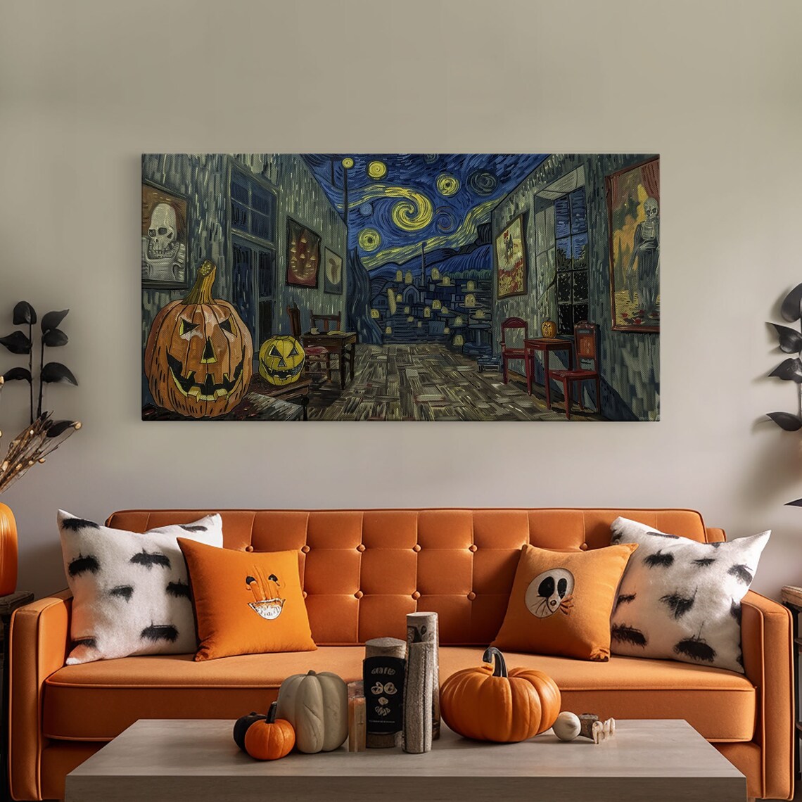 Starry Night Haunted Street Giant Pumpkins Skeleton Art Spooky Halloween Print - Image 4