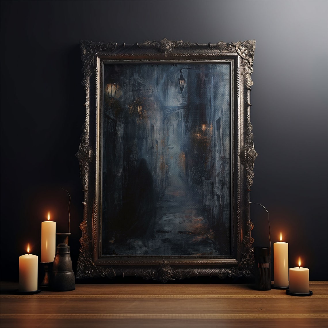Shadowy Night Alley Lamp Lit Misty Victorian Street Halloween Poster - Image 4
