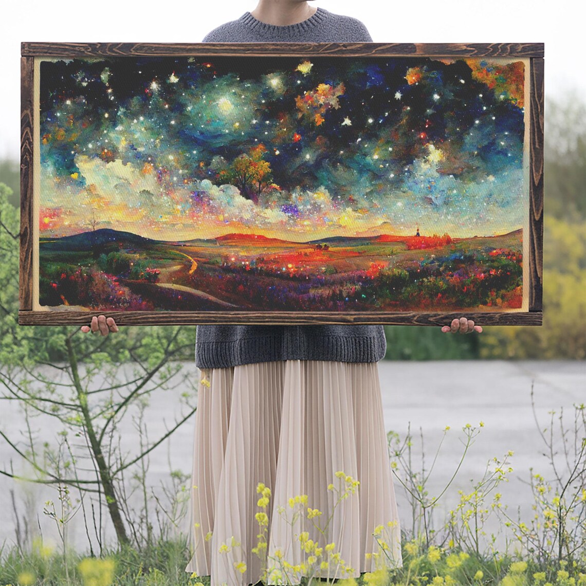 Starry Night Sky Over Winding Valley Road Vivid Fantasy Nebula Landscape Poster - Image 2