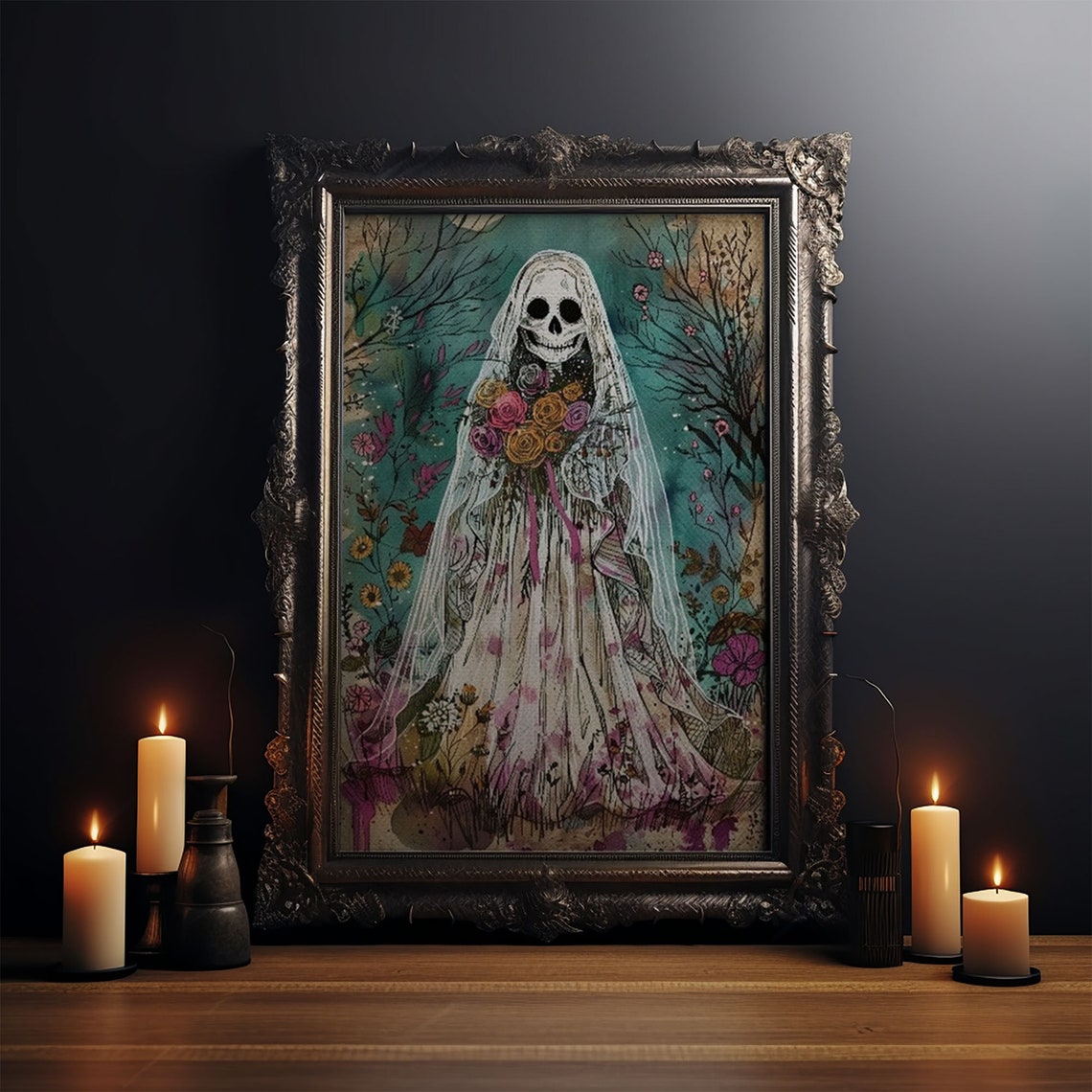 Ghostly Skeleton Bride Veil Roses Botanical Watercolor Art Poster - Image 3