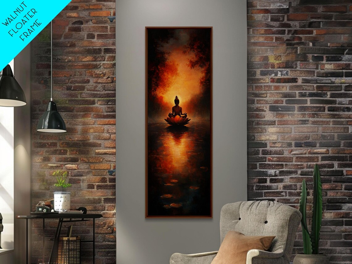 Meditating Figure Lotus Pond Fiery Sunset Spiritual Yoga Wall Art - Image 6