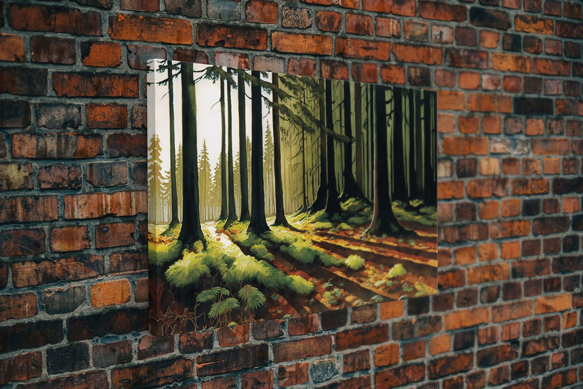 Sunlit Forest Path Golden Light Mossy Woods Green Trees Art Poster - Image 5