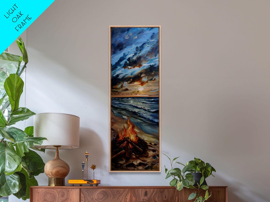Beach Bonfire At Sunset Over Ocean Waves Cozy Seaside Evening Poster