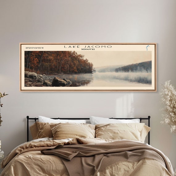 Lake Jacomo Missouri Framed Print Lake House Decor Panoramic Wall Art Travel Poster Beautiful Lake Painting Home Art
