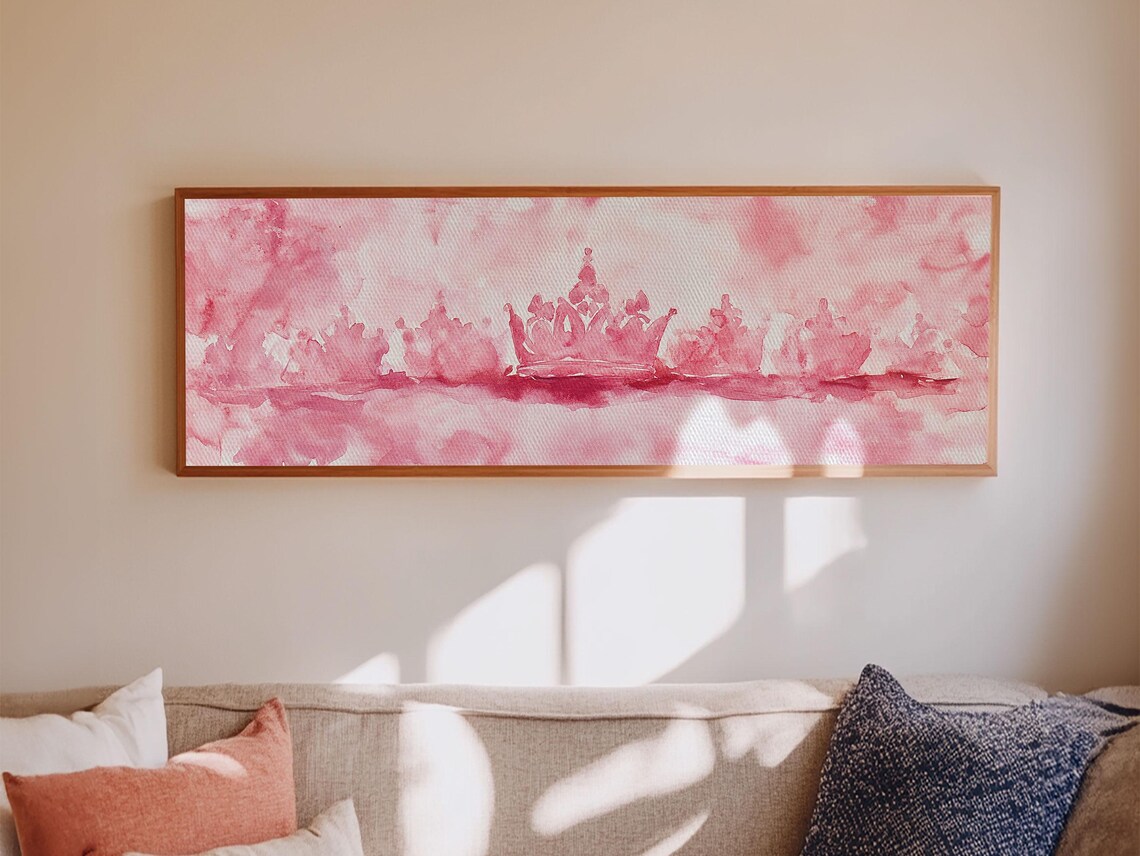 Pink Watercolor Crown Royal Princess Horizontal Dreamy Wall Art Poster