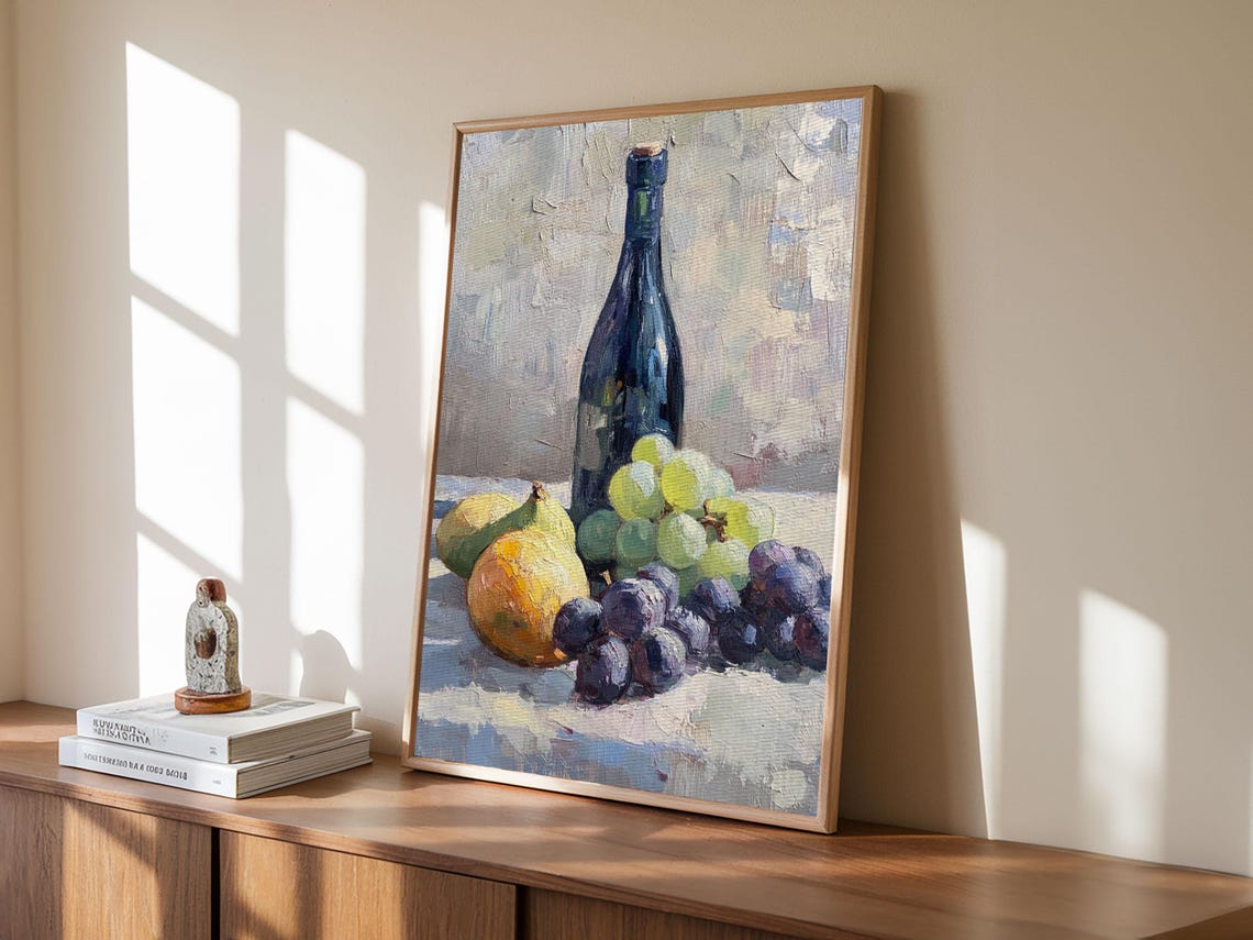 Wine Bottle Pears And Grapes Classic Still Life Oil Painting Poster - Image 2