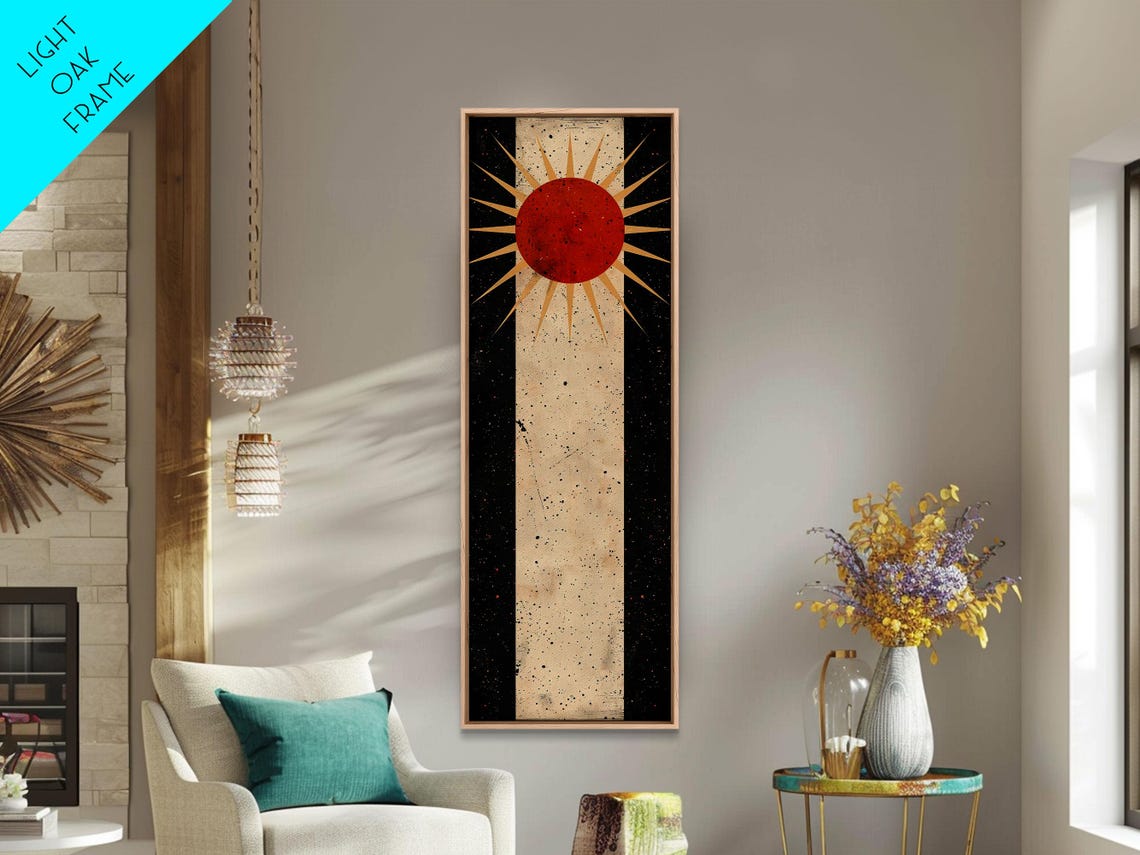 Abstract Red Sunburst Gold Rays Distressed Black Beige Column Poster - Image 3