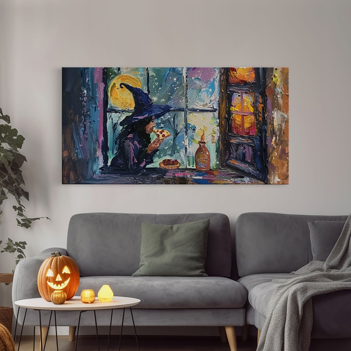 Witch Eating Pizza By Window At Night Funny Impasto Halloween Print - Image 4