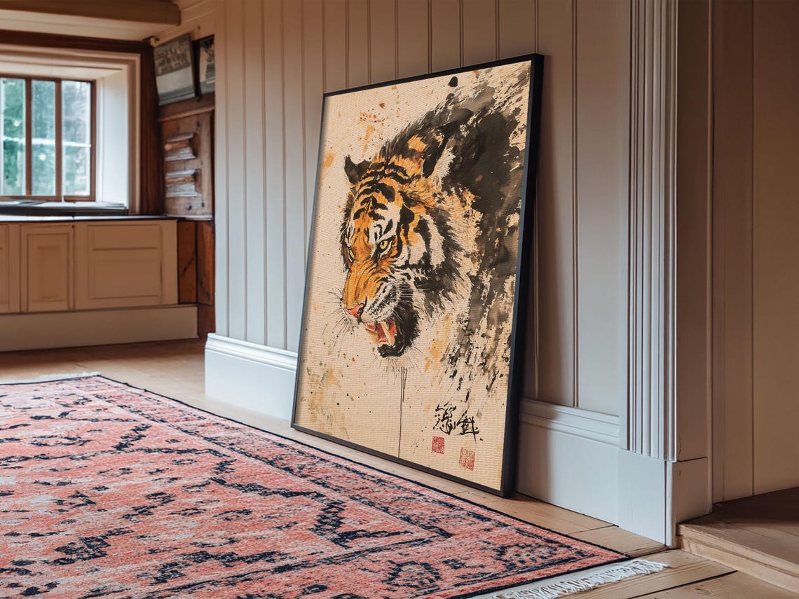 Japanese Style Tiger Painting Print Tiger Roar Wabi Sabi Style Art Animal Prints Tiger Painting Tiger Oil Painting Print - Image 2