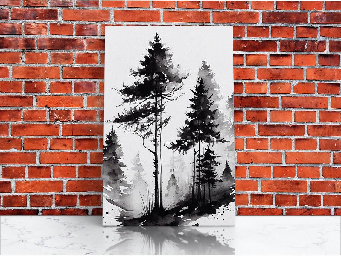 Black and White Pine Tree Forest Watercolor Art Print - Image 4
