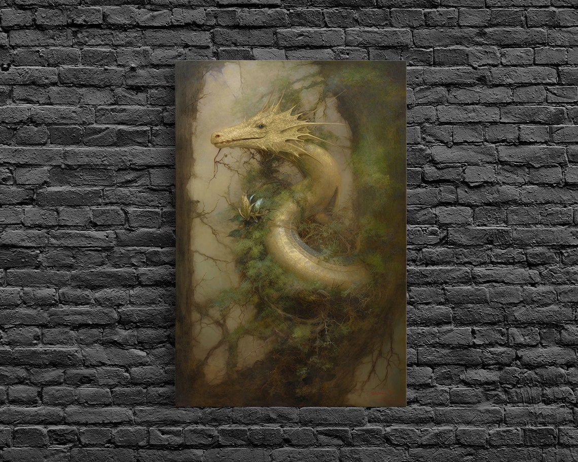 Golden Dragon Misty Green Forest Mythical Creature Fantasy Art Poster