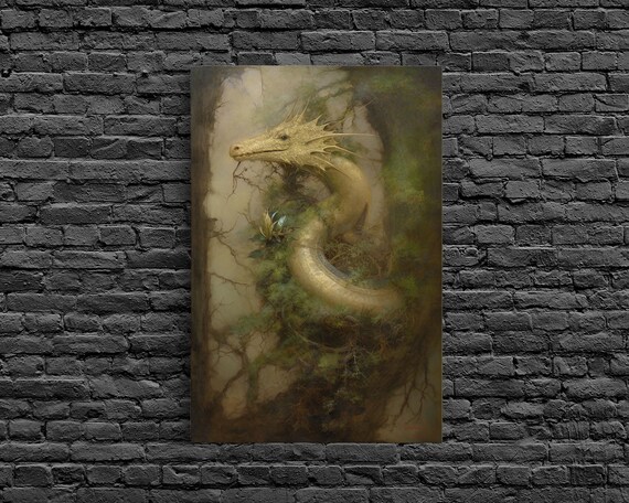 Majestic Green Dragon Wall Art Framed Print Dragon Fantasy Painting Garden Dragon Abstract Fantasy Art