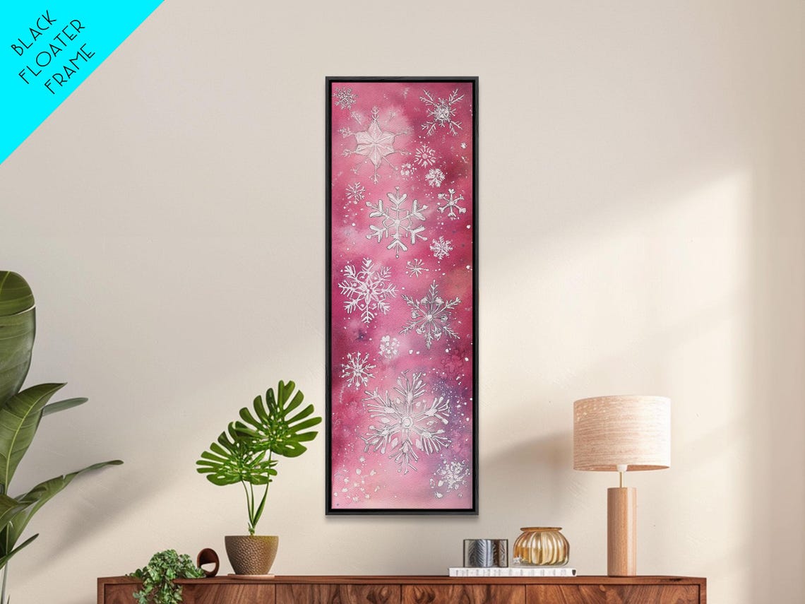Pink Snowflake Watercolor Painting White Winter Snow Vertical Wall Art - Image 5