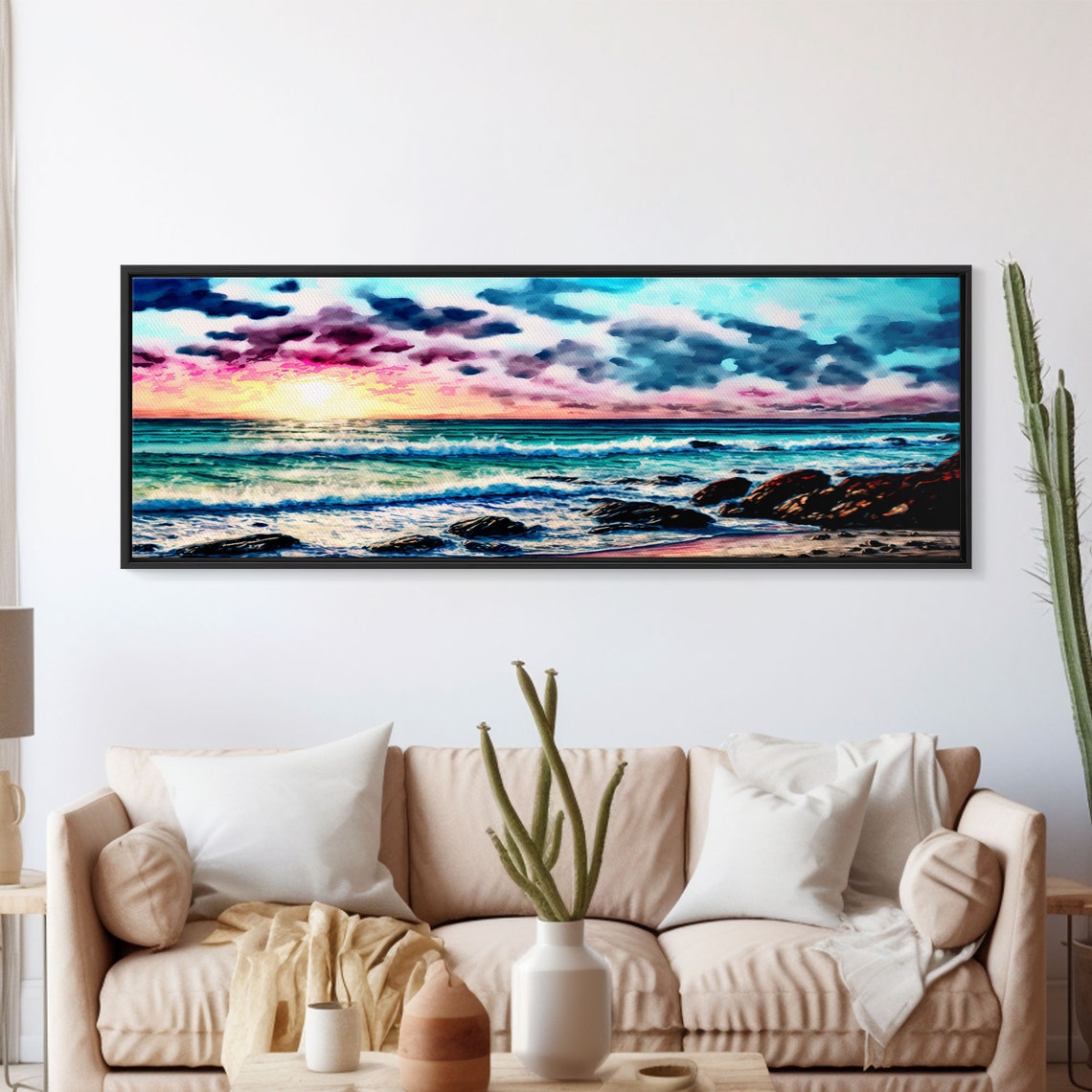 Panoramic Vibrant Beach Sunset Magenta Clouds Rocky Shore Waves Poster - Image 6