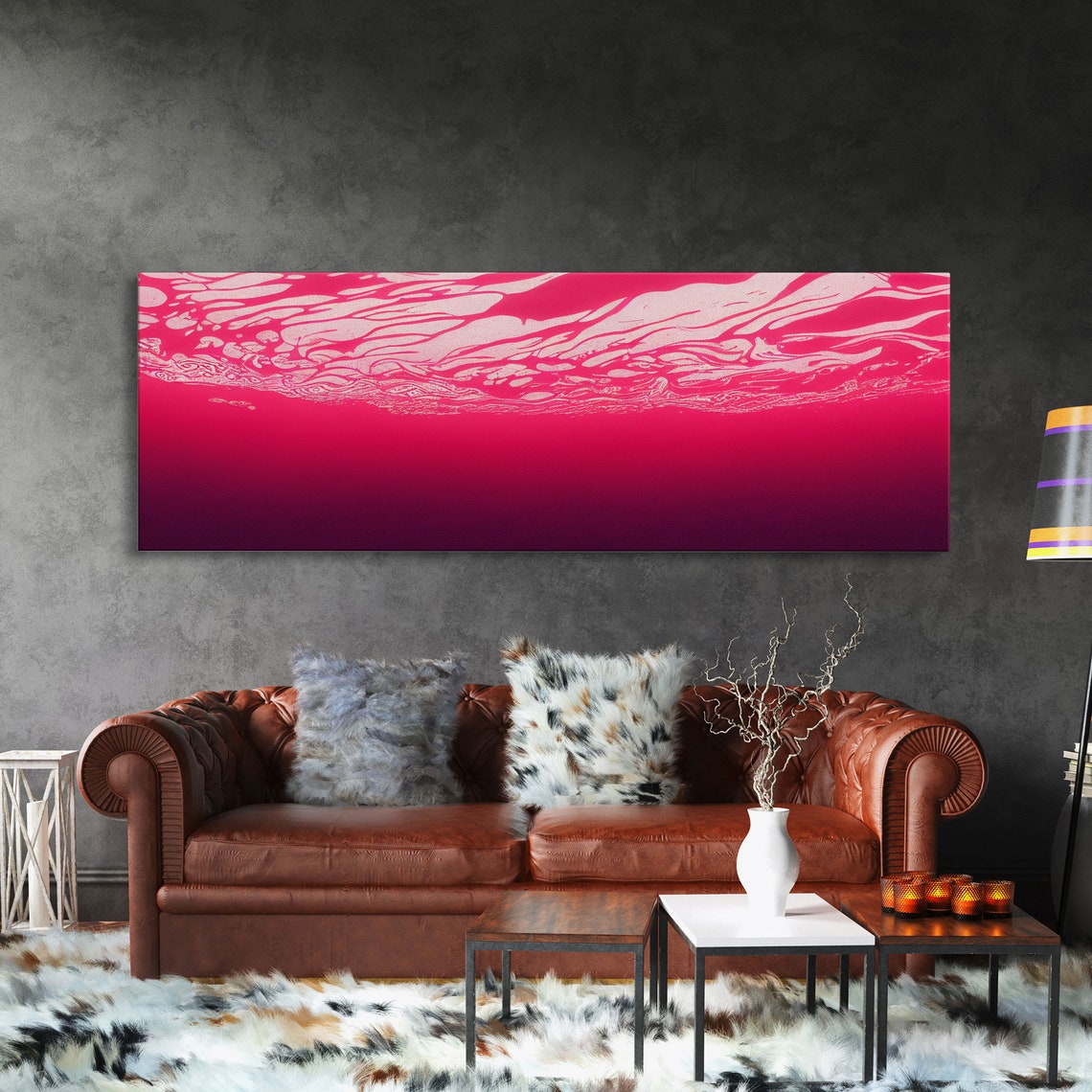Hot Pink Ocean Abstract Waves Gradient Fuchsia Panoramic Poster - Image 3