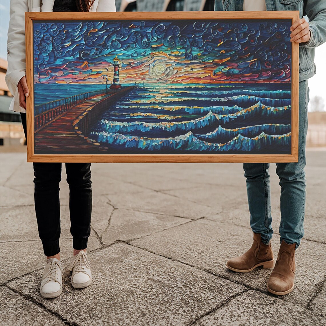 Starry Night Lighthouse Pier Crashing Waves Impasto Ocean Painting Poster - Image 5
