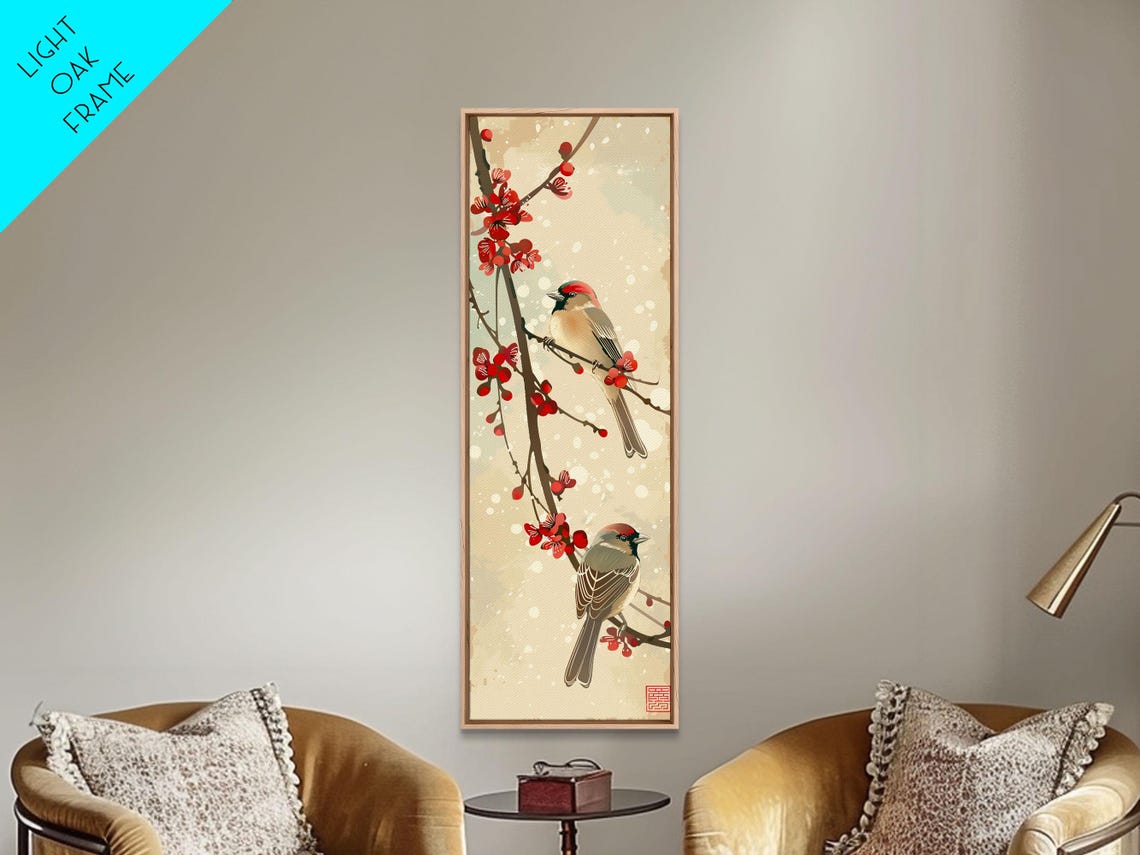 Pair Of Songbirds Cherry Blossoms Winter Snowfall Tall Art Print - Image 5