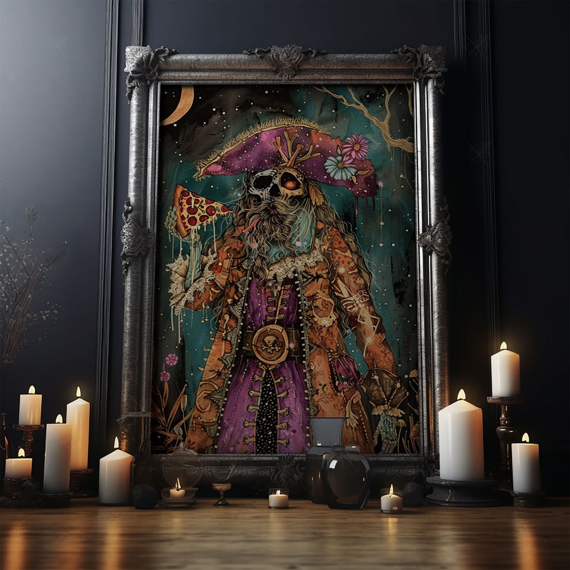 Skeleton Pirate Pizza Tricorn Hat Moonlit Night Fun Art Poster - Image 4