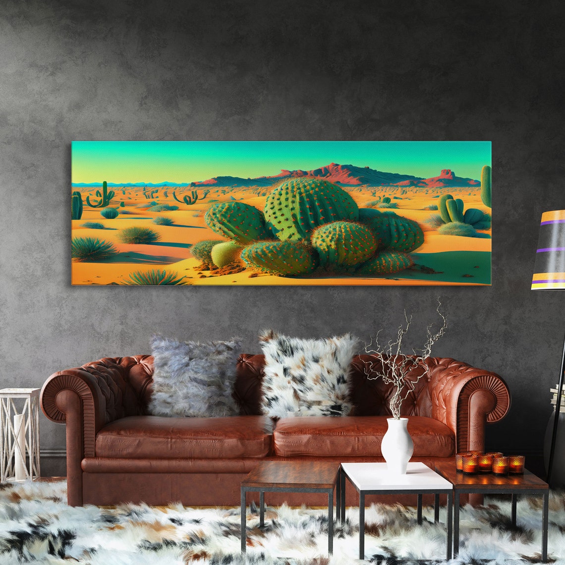 Panoramic Vibrant Desert Barrel Cacti Red Mesa Sunset Wall Art Poster - Image 3
