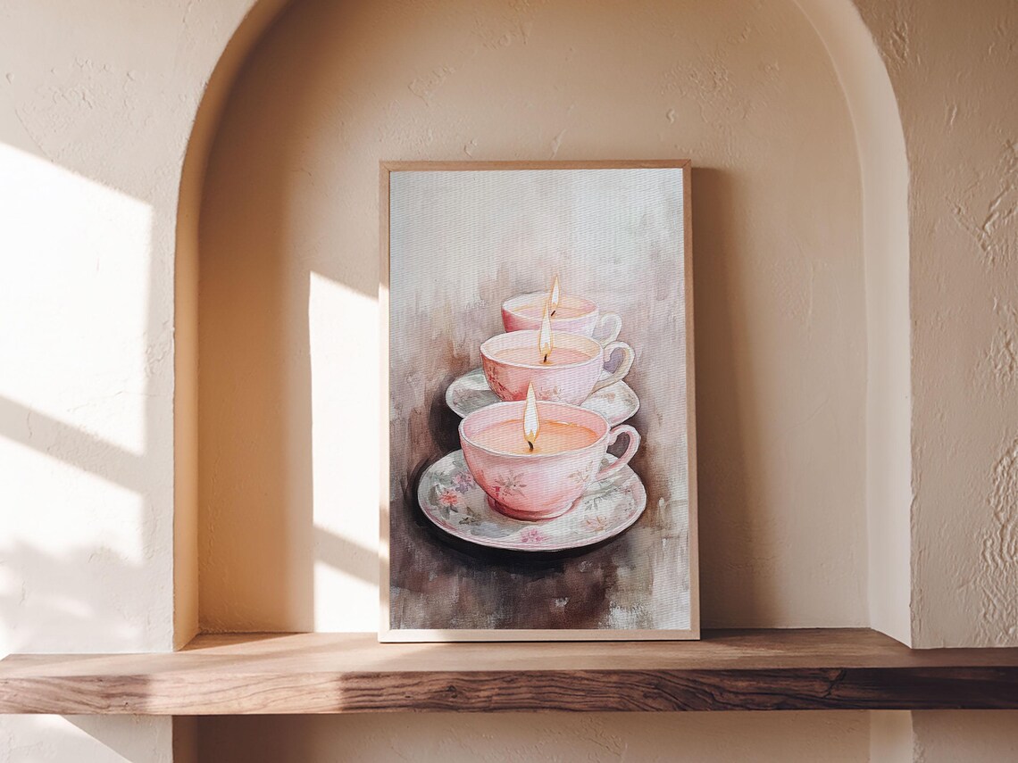 Pink Teacup Candles Watercolor Trio Floral Saucers Cozy Wall Poster - Image 6