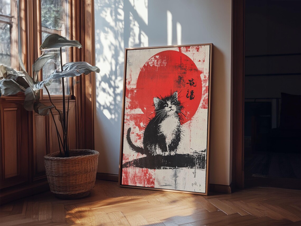 Black Cat Red Sun Japanese Ink Painting Tuxedo Kitten Wabi Sabi Art Poster - Image 6