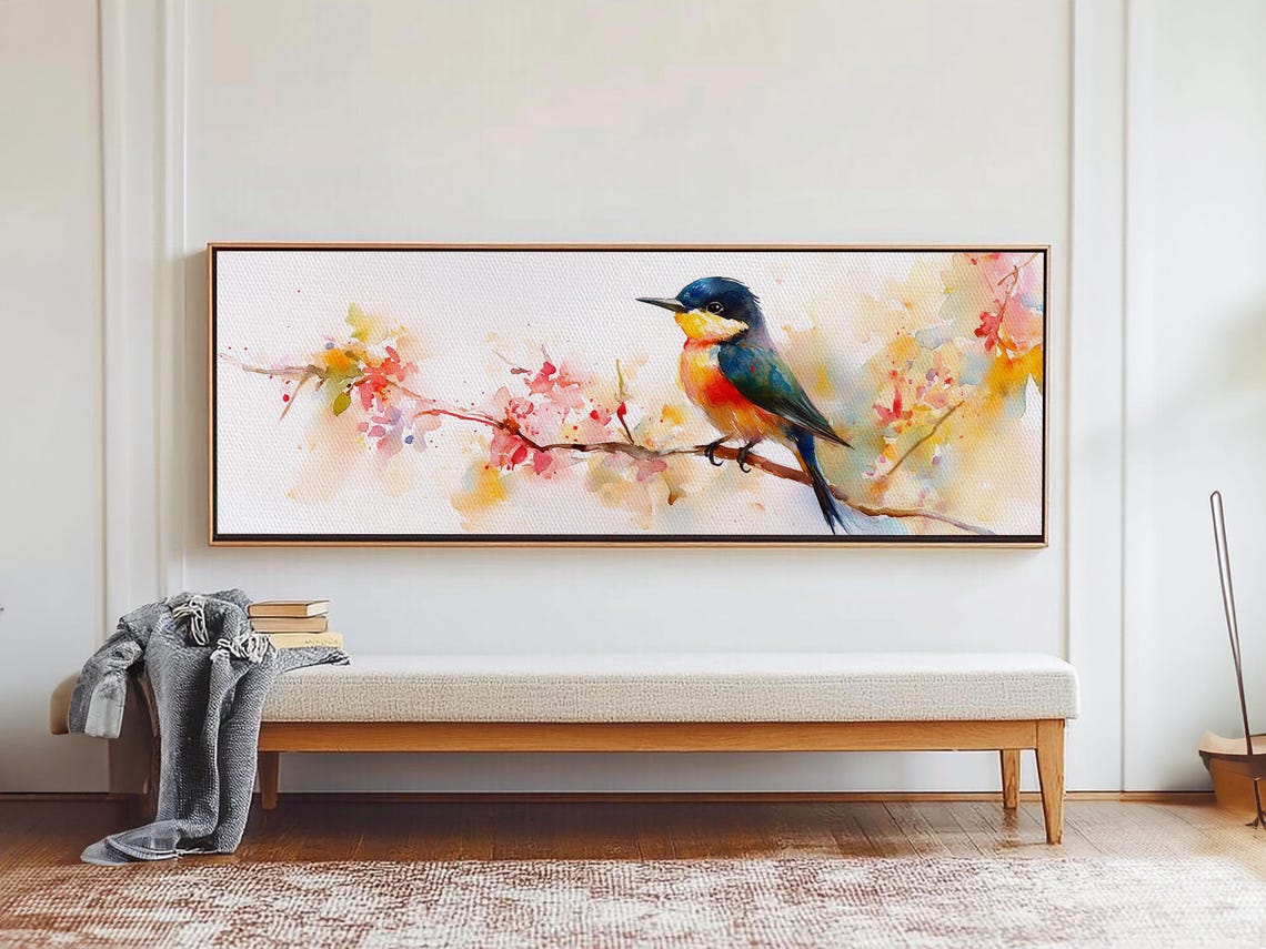 Kingfisher Cherry Blossom Branch Watercolor Bird Art Panoramic Poster - Image 5