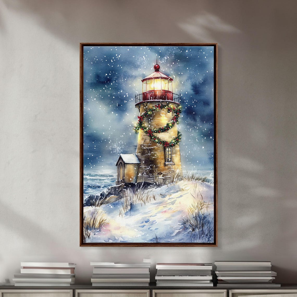 Snowy Lighthouse With Christmas Wreath Under Moonlit Sky Poster