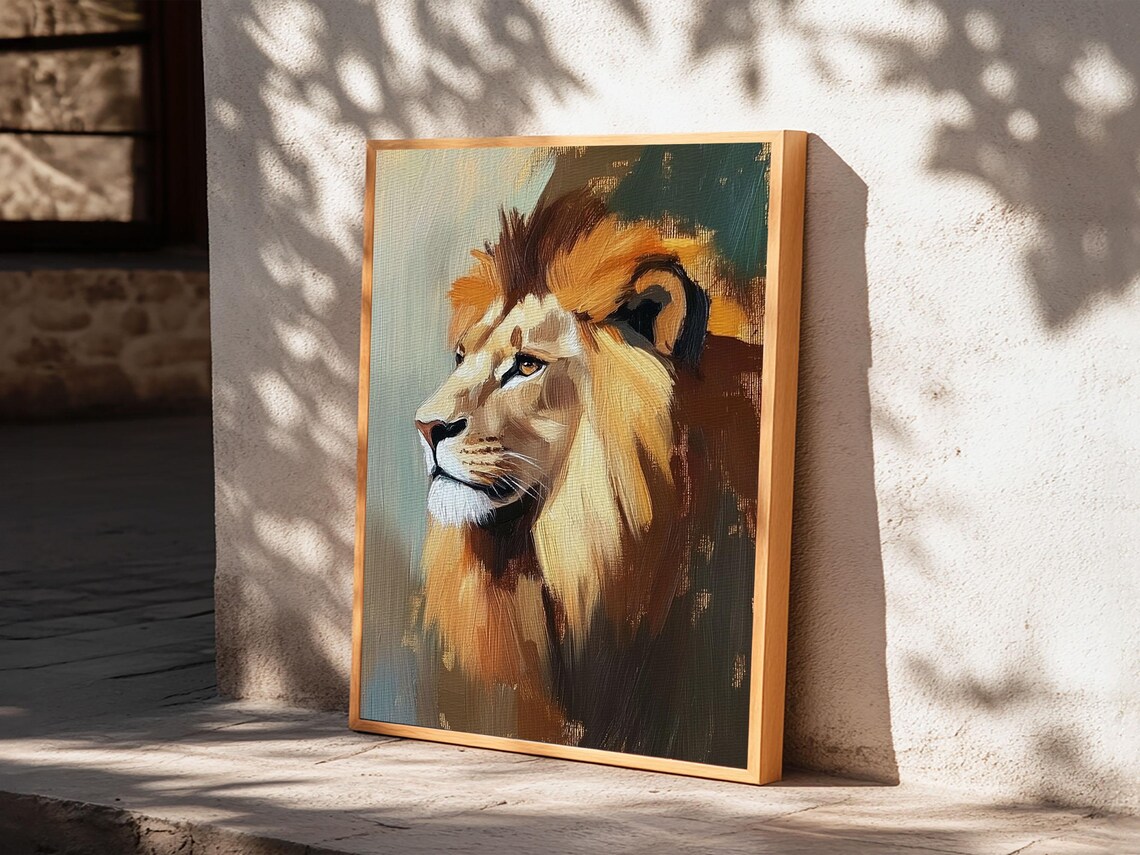 Golden Lion Profile Oil Painting Majestic Wild Animal Portrait Poster - Image 2