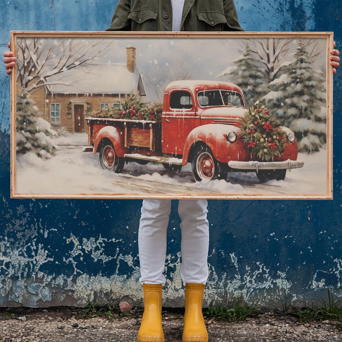Vintage Red Truck With Wreath Hauling Tree In Snow Farmhouse Poster - Image 6