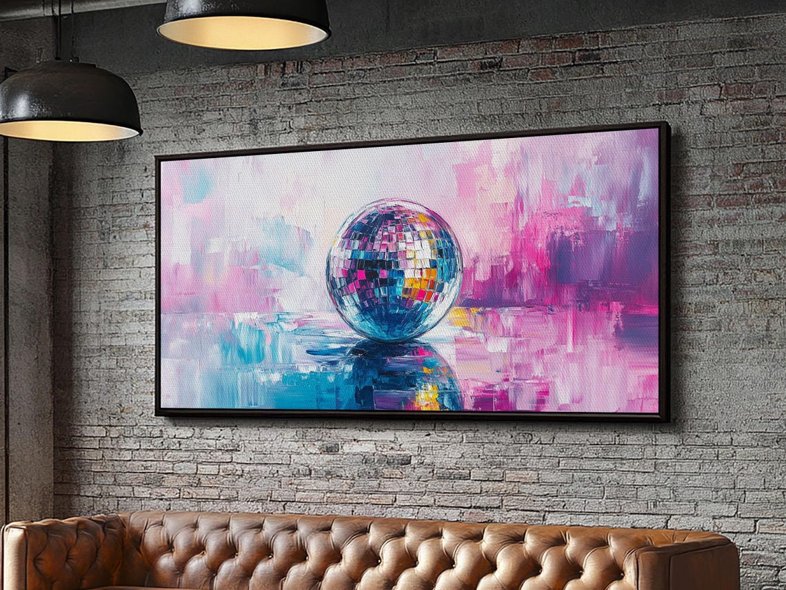 Disco Ball On Pink Blue Abstract Background Retro Glam Art Poster