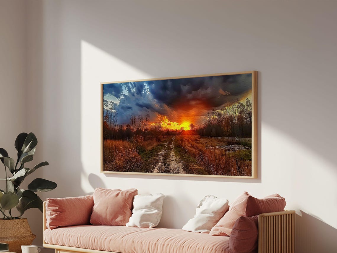 Dirt Road Through Fields At Stormy Sunset Rural Landscape Poster - Image 5
