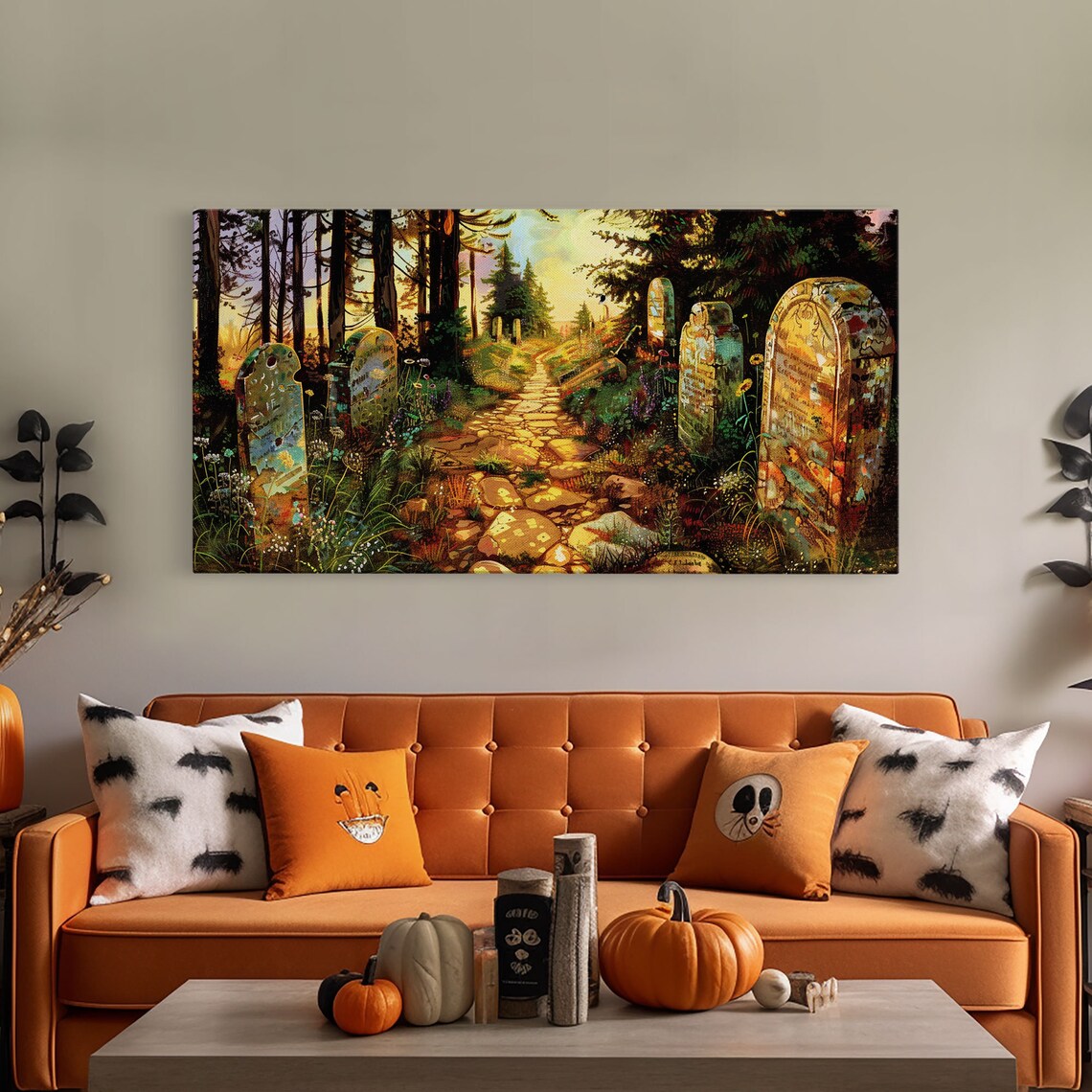 Haunted Cemetery Springtime Stone Path Flowering Trees Colorful Halloween Print - Image 5