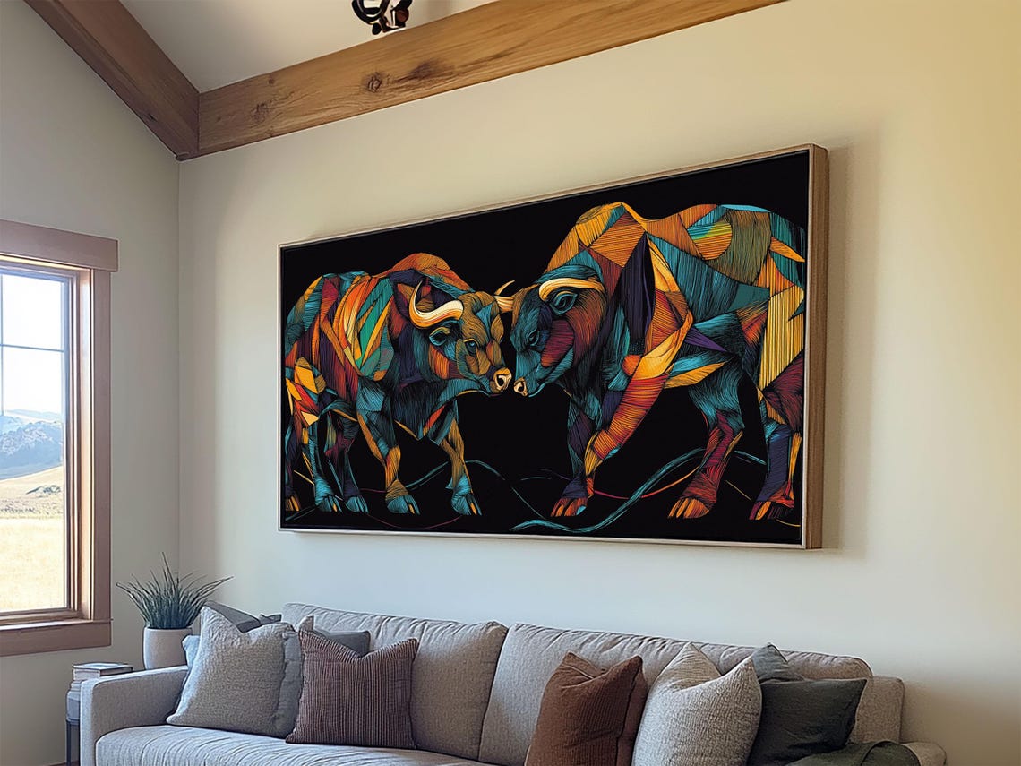 Two Colorful Geometric Bulls Black Background Modern Animal Art Poster - Image 3