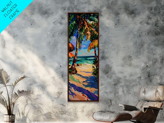 Tropical Wall Art Of Ocean Landscape Acrylic Gouache Style Art Framed And Printed Long And Narrow Modern Abstract Art