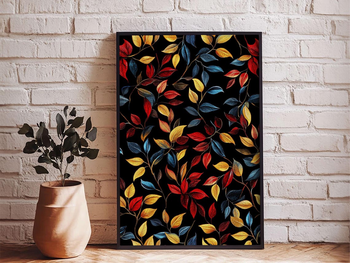 Retro Fall Leaves Pattern Red Gold Teal Black Background Art Print - Image 6